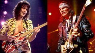 LEFT: Van Halen (1955 - 2020), of the group Van Halen, performs onstage at the Jacksonville Coliseum, Jacksonville, Florida, January 18, 1984. RIGHT: Steve Vai performs at Shepherd's Bush Empire in 1997