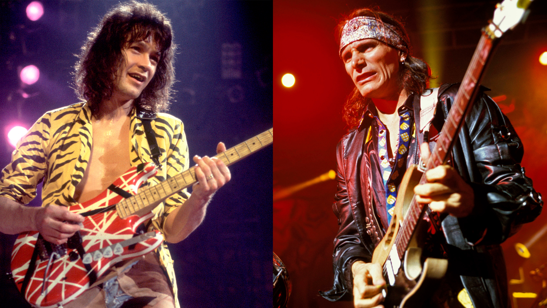 LEFT: Van Halen (1955 - 2020), of the group Van Halen, performs onstage at the Jacksonville Coliseum, Jacksonville, Florida, January 18, 1984. RIGHT: Steve Vai performs at Shepherd&#039;s Bush Empire in 1997 