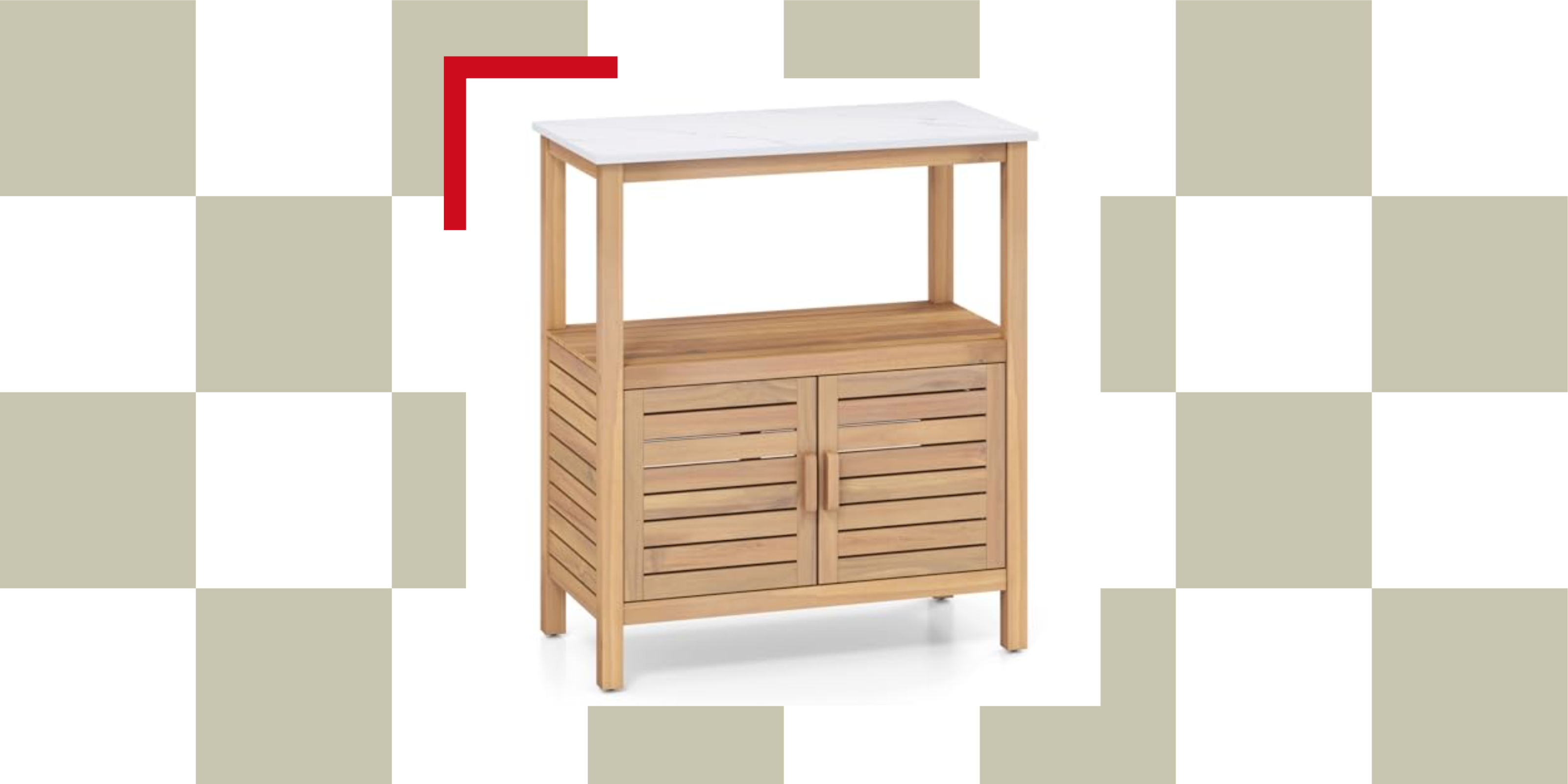 acacia wood potting bench with white resin top