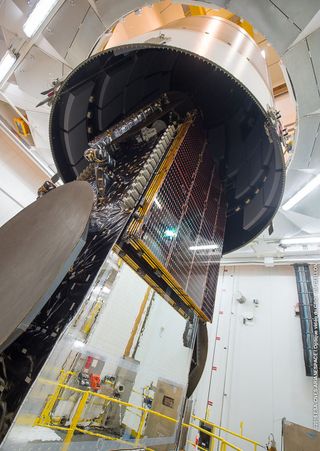 Star One D1 is encapsulated in an Ariane 5 fairing ahead of its Dec. 21 launch.