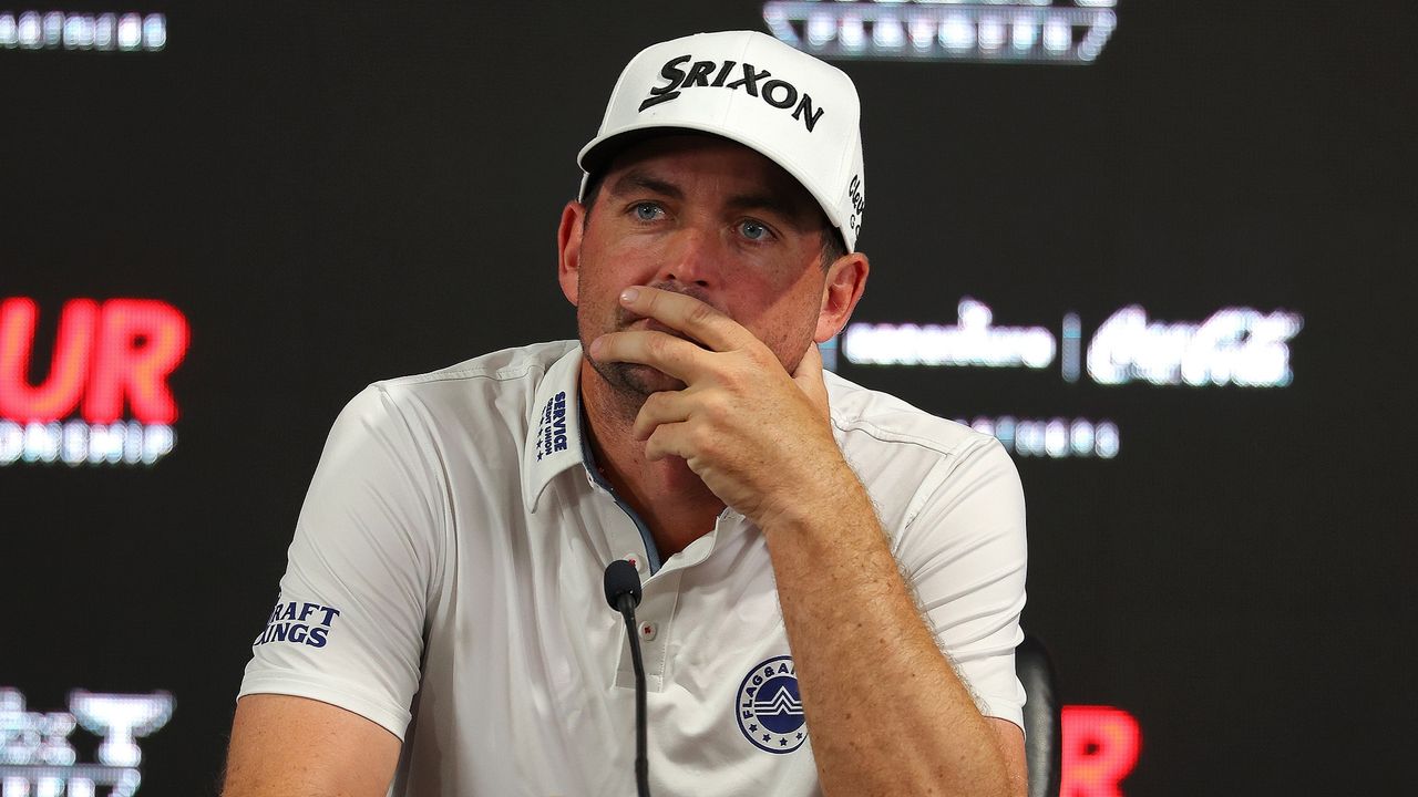 Keegan Bradley talking at a press conference 