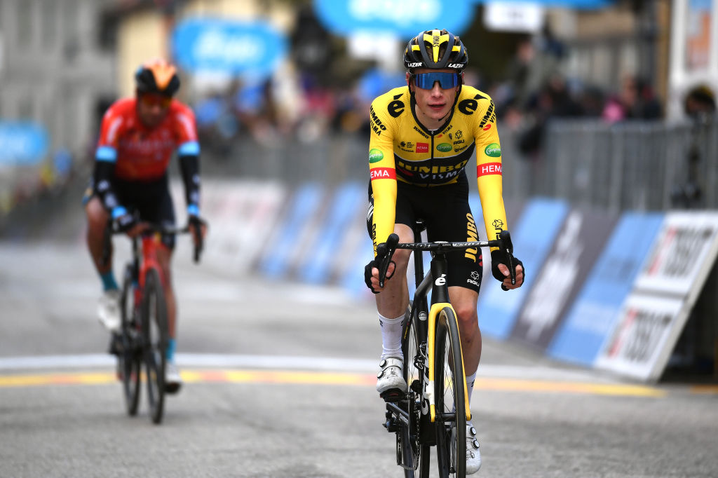 CARPEGNA ITALY MARCH 12 Jonas Vingegaard Rasmussen of Denmark and Team Jumbo Visma crosses the finish line during the 57th TirrenoAdriatico 2022 Stage 6 a 215km stage from Apecchio to Carpegna 746m TirrenoAdriatico WorldTour on March 12 2022 in Carpegna Italy Photo by Tim de WaeleGetty Images