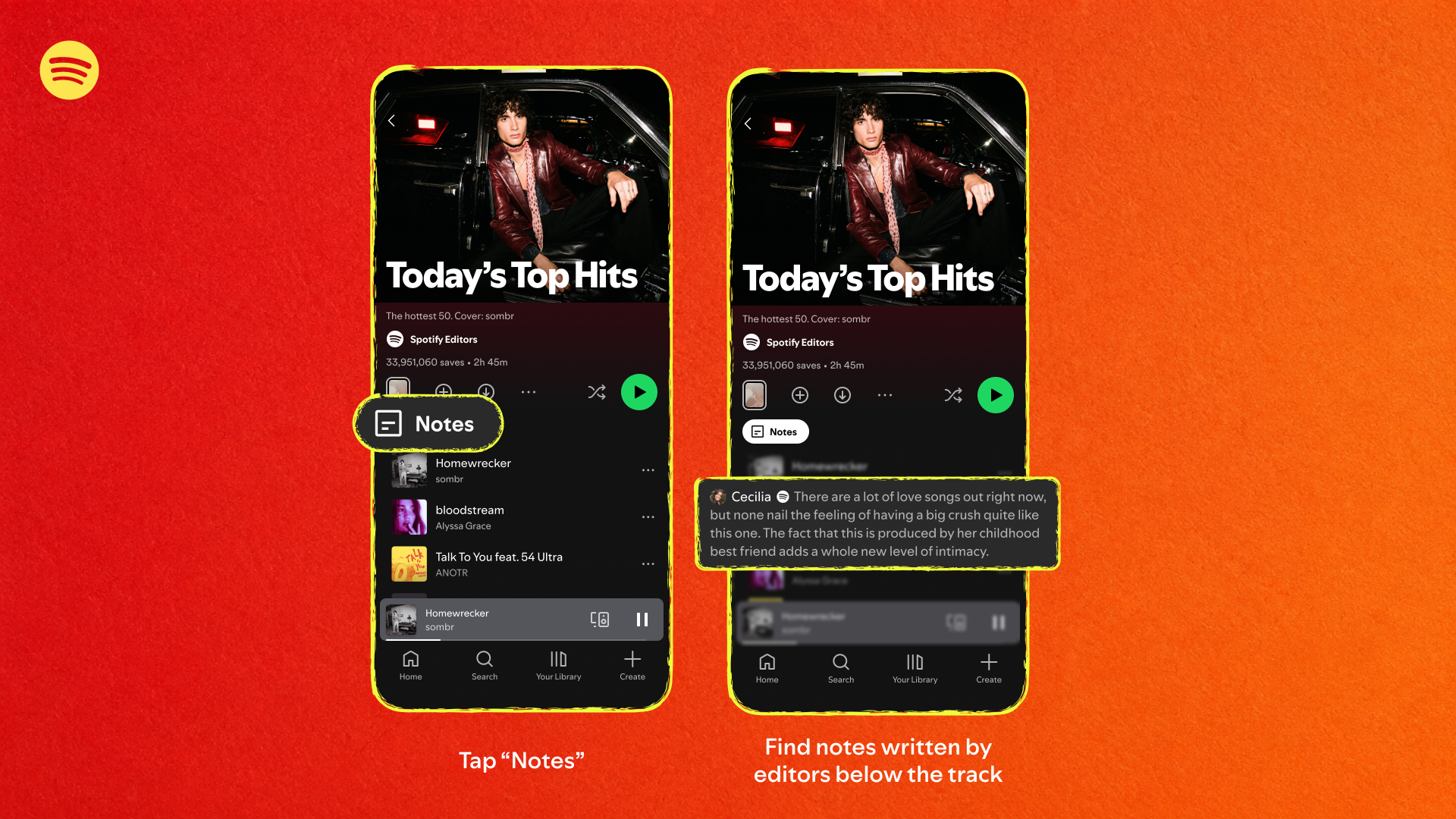 Two smartphones showing Playlist Notes in a Spotify playlist