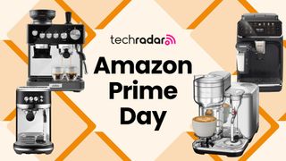 A selection of coffee machines arranged on an orange background, with "Amazon Prime Day" text in the centre.