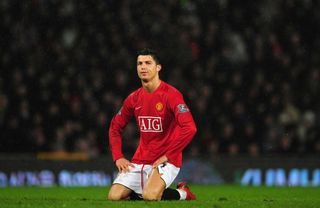 MANCHESTER, UNITED KINGDOM - MARCH 29: Cristiano Ronaldo of Man.Utd reacts after a missed chance on goal during the Barclays Premier League match between Manchester United and Aston Villa at Old Trafford on March 29, 2008 in Manchester, England. (Photo by Shaun Botterill/Getty Images)