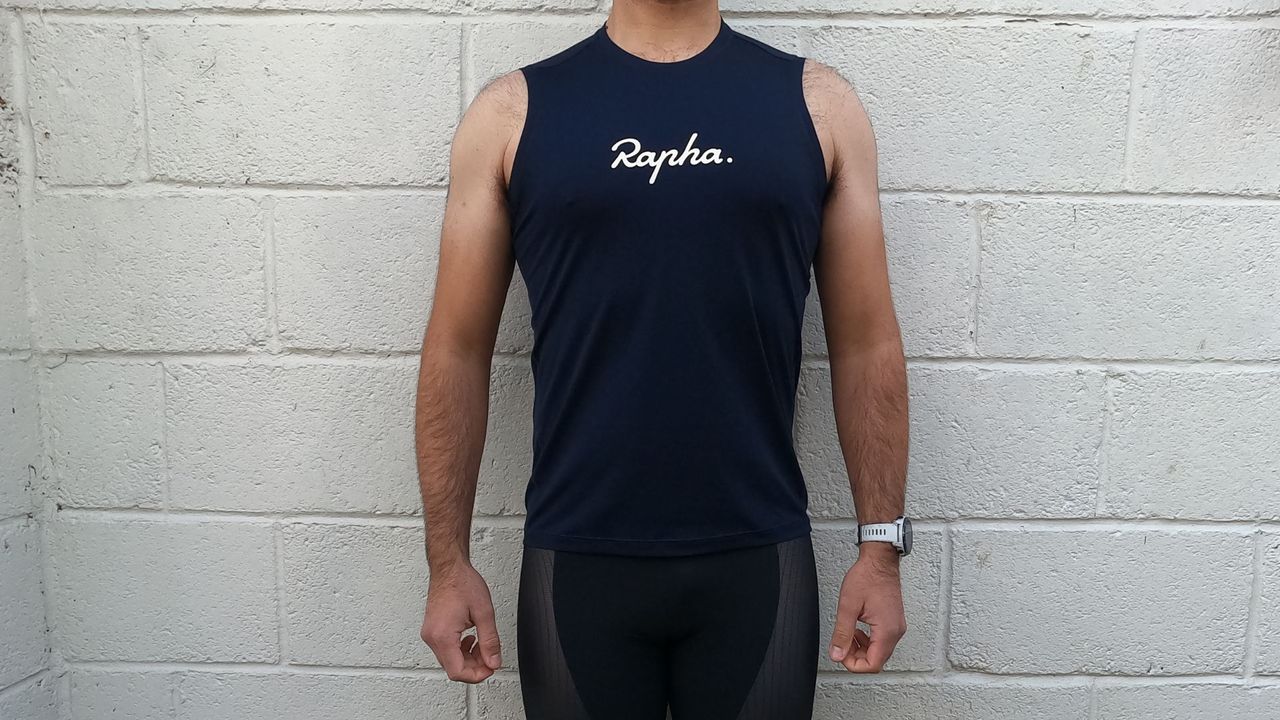 Image shows a rider wearing Rapha&#039;s Indoor Training T-Shirt