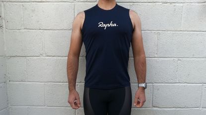 Image shows a rider wearing Rapha's Indoor Training T-Shirt