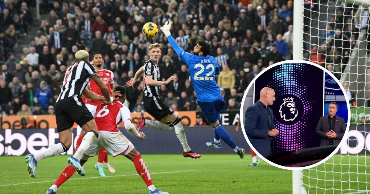 Newcastle player Joelinton (l) challenges Arsenal defender Gabriel in the build up to the Newcastle winning goal as goalscorer Anthony Gordon (c) looks on during the Premier League match between Newcastle United and Arsenal FC at St. James Park on November 04, 2023 in Newcastle upon Tyne, England