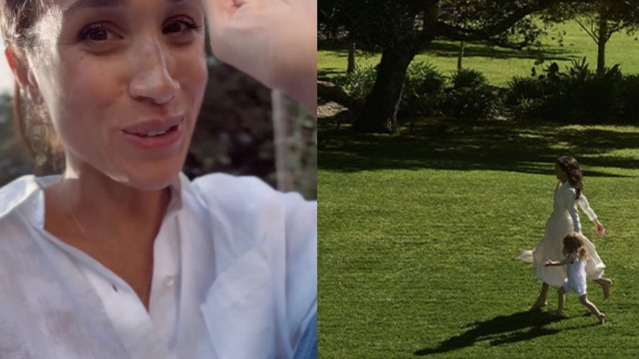 Meghan Markle wearing a white shirt next to a photo of her running through grass with Princess Lilibet wearing a long yellow dress