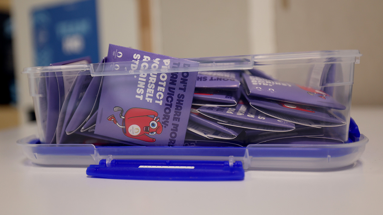 Image of a container full of condoms before they disappeared at the 2026 Milan Cortina games.