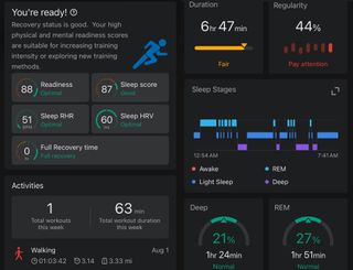 A screenshot from the Helio Ring's companion Zepp health app showing daily reports on sleep quality and energy levels