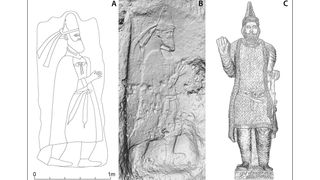 A) Merquly rock-relief; B) Rabana rock-relief; C) statue from Hatra of King ʾtlw/Attalos of Adiabene