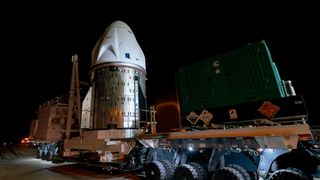 The SpaceX Crew Dragon capsule Freedom is transported to Pad 40 at Cape Canaveral Space Force Station in Florida ahead of the mission's planned Sept. 26, 2024 liftoff. SpaceX released this photo via X on Sept. 20.