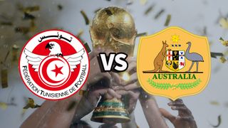 The Tunisia and Australia national football team badges on top of a photo of the World Cup trophy being lifted