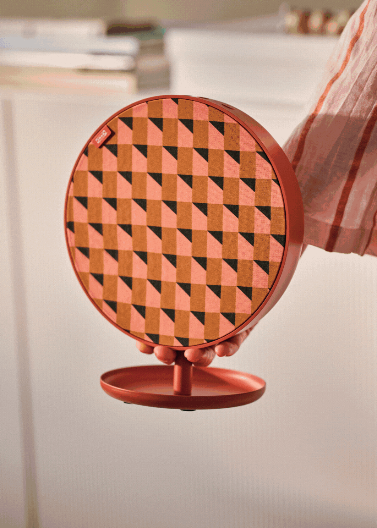 A gif of the bluetooth speakers and lamp speakers from IKEA. Each piece has its own unique colorway and patterns.
