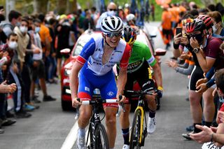 ARRATE EIBAR SPAIN APRIL 10 David Gaudu of France and Team Groupama FDJ Primoz Roglic of Slovenia and Team Jumbo Visma Green Points Jersey during the 60th ItzuliaVuelta Ciclista Pais Vasco 2021 Stage 6 a 1119km stage from Ondarroa to Arrate Eibar 535m Public Fans Covid safety measures Flag Breakaway itzulia ehitzulia on April 10 2021 in Arrate Eibar Spain Photo by David RamosGetty Images