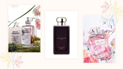 Collage of three of the best floral fragrances from Replica, Jo Malone and Dior