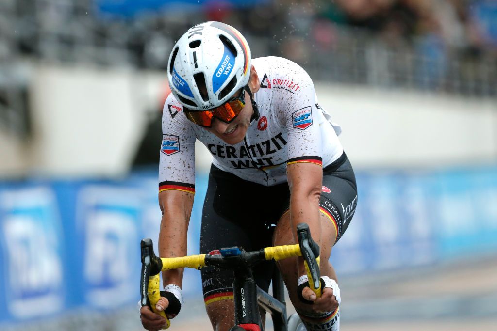 ROUBAIX FRANCE OCTOBER 02 Lisa Brennauer of Germany and Ceratizit WNT Pro Cycling Team crosses the finishing line in the Roubaix Velodrome Vlodrome Andr Ptrieux during the 1st ParisRoubaix 2021 Womens Elite a 1164km race from Denain to Roubaix ParisRoubaixFemmes ParisRoubaix on October 02 2021 in Roubaix France Photo by Bas CzerwinskiGetty Images