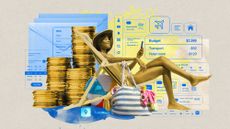 Woman lounging in a beach chair next to a stack of coins with a travel budget app interface superimposed on the background
