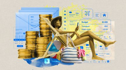 Woman lounging in a beach chair next to a stack of coins with a travel budget app interface superimposed on the background