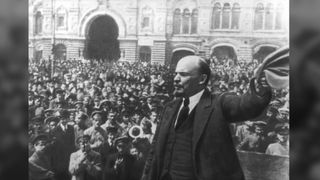 Vladimir Lenin, first leader of the Soviet Union, giving a speech in Moscow in 1919