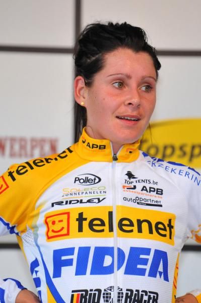 Great Britain's Nikki Harris (Telenet-Fidea) on the podium for 3rd place.