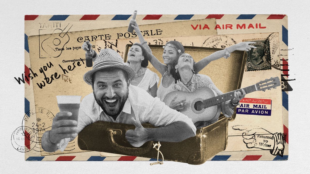 Photo collage of a group of rowdy tourists, drinks in hand, popping out of an open suitcase. In the background, there&#039;s a scattering of vintage postcards and airmail stamps.