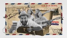 Photo collage of a group of rowdy tourists, drinks in hand, popping out of an open suitcase. In the background, there's a scattering of vintage postcards and airmail stamps.
