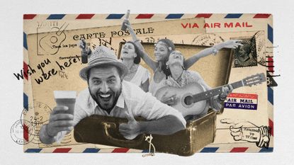 Photo collage of a group of rowdy tourists, drinks in hand, popping out of an open suitcase. In the background, there's a scattering of vintage postcards and airmail stamps.