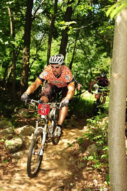 A rider on the US cross country mountain bike national championships course at Bear Creek in the Lehigh Valley, Pennsylvania