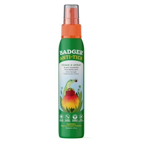 Badger Tick Spray, All Natural Tick Repellent for Humans, 6+ Hours Effective, Extra Strength Protection W/organic Essential Oils, Safe for Kids, Deet-Free, Vegan, Plant Based, 4 Fl Oz