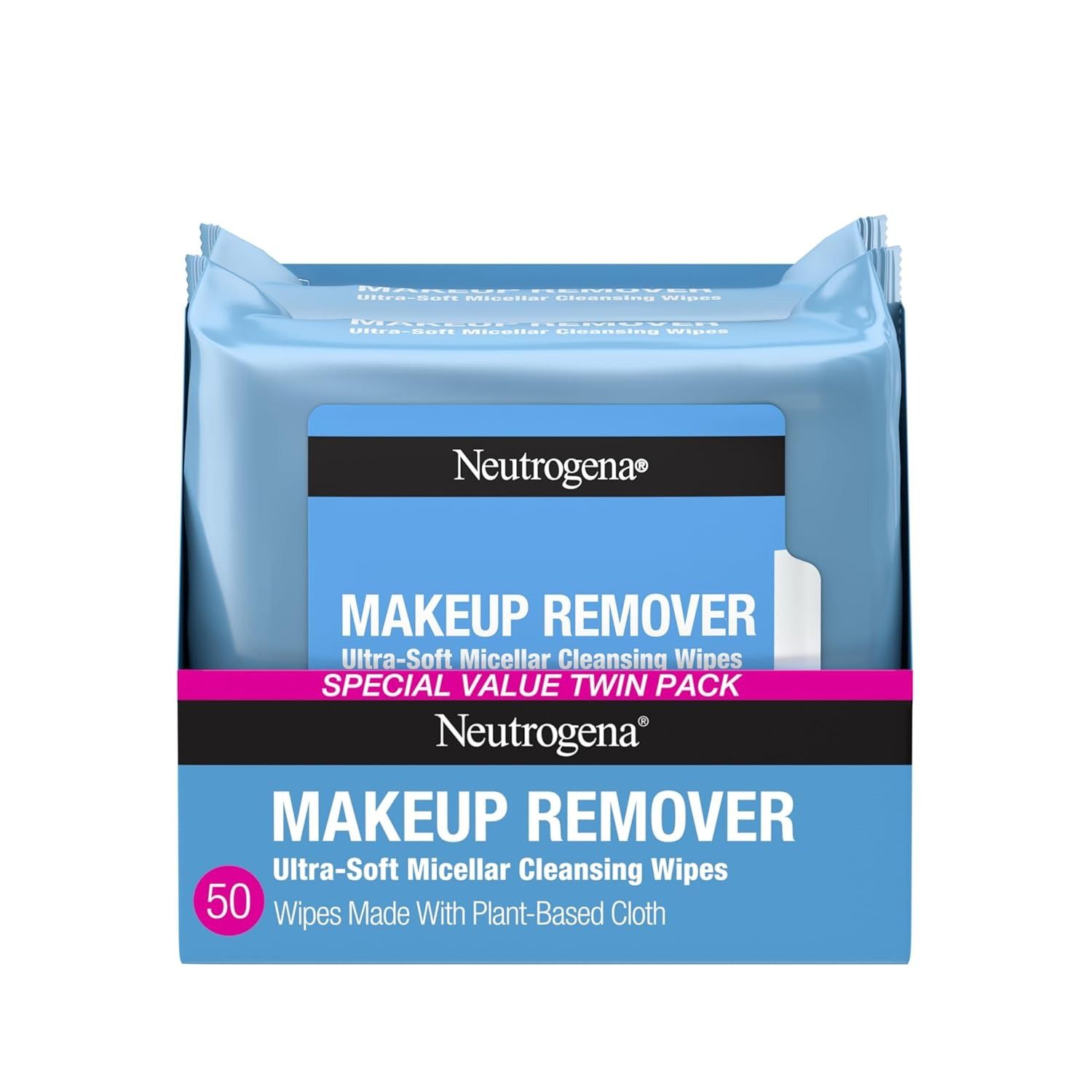 Neutrogena, Neutrogena Makeup Remover Wipes Micellar Alcohol-Free Face Towelettes Remove Waterproof Mascara & Oil, Compostable 100% Plant-Based Cloth, Dermatologist & Ophthalmologist Tested, Twin Pack 2 X 25 Ct