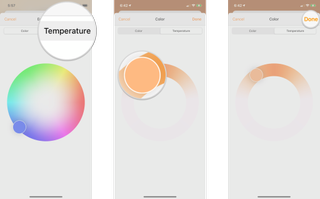 How to set color temperature for HomeKit lights in the Home app on iPhone by showing steps: Tap Temperature, Tap and drag the Color Picker to your desired color, Tap Done