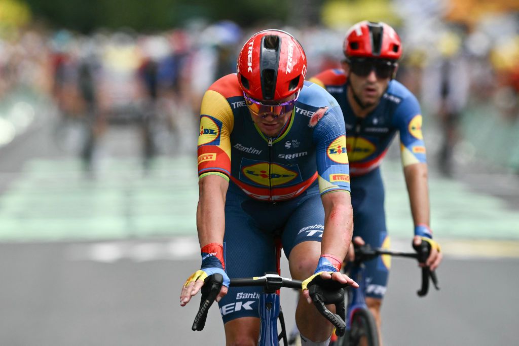 Lidl - Trek team&#039;s Danish rider Mads Pedersen cycles past the finish line of the 5th stage of the 111th edition of the Tour de France cycling race, 177,5 km between Saint-Jean-de-Maurienne and Saint-Vulbas, on July 3, 2024. (Photo by Marco BERTORELLO / AFP)