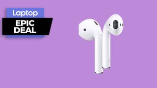  AirPods 2 wireless earbuds against a purple background