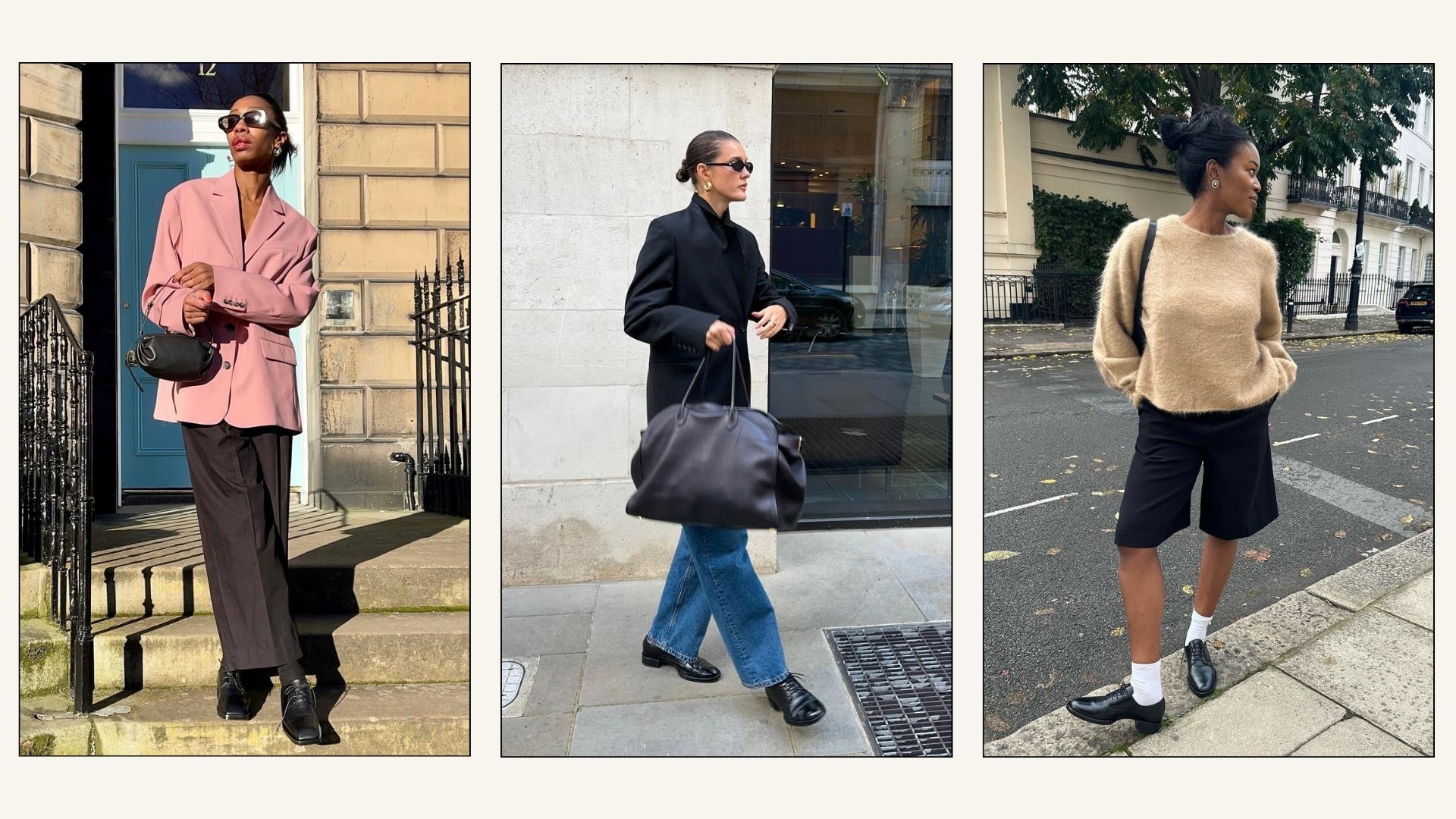 Collage of influencers wearing Oxford shoes with trousers, jeans and shorts.