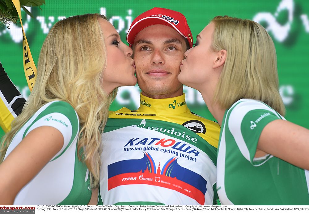 Simon Spilak (Katusha) on the podium as the overall winner of the Tour de Suisse