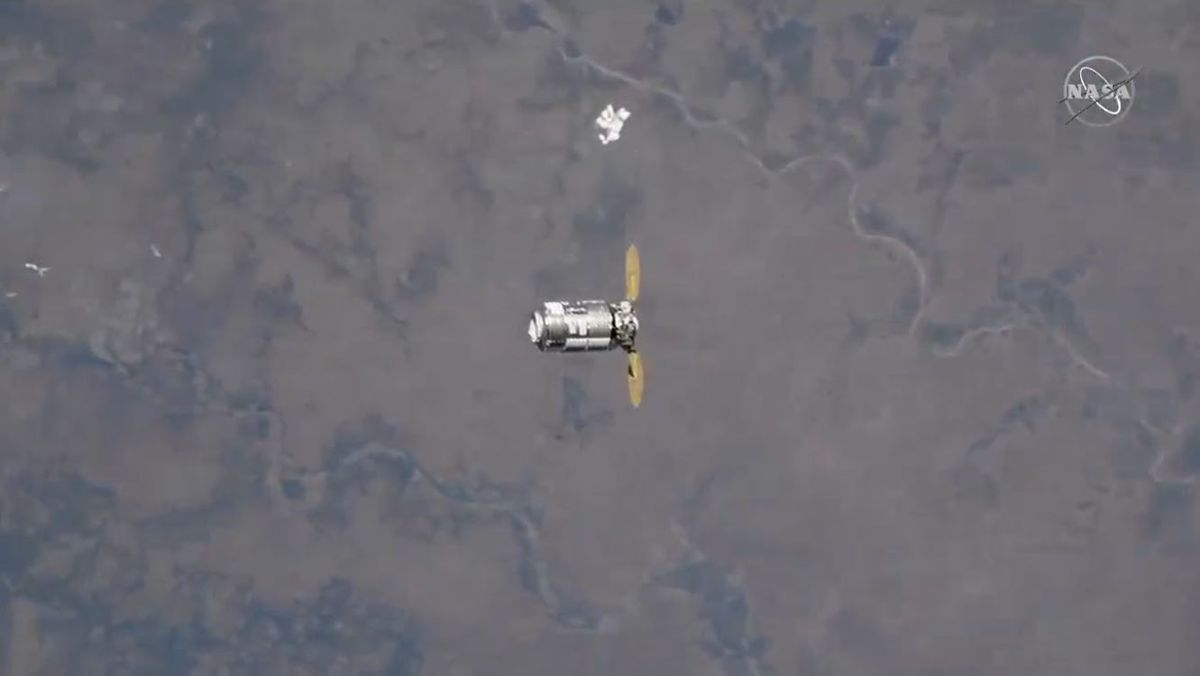 The Northrop Grumman Cygnus NG-15 cargo ship arrives at the International Space Station on Feb. 22, 2021 in this view from a camera on the station's exterior.