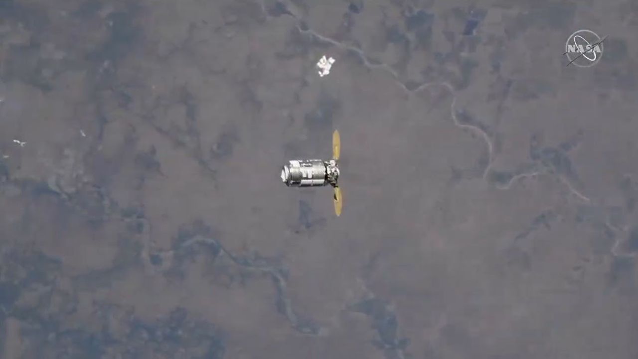 The Northrop Grumman Cygnus NG-15 cargo ship arrives at the International Space Station on Feb. 22, 2021 in this view from a camera on the station's exterior.