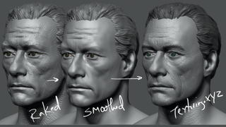 Three iterations of a 3D head sculpt showing the use of raking