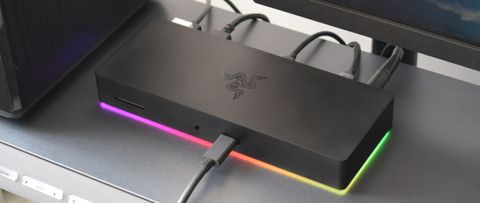 Razer Thunderbolt 4 Dock Chroma with RGB lighting atop a Hexcal Studio stand. 