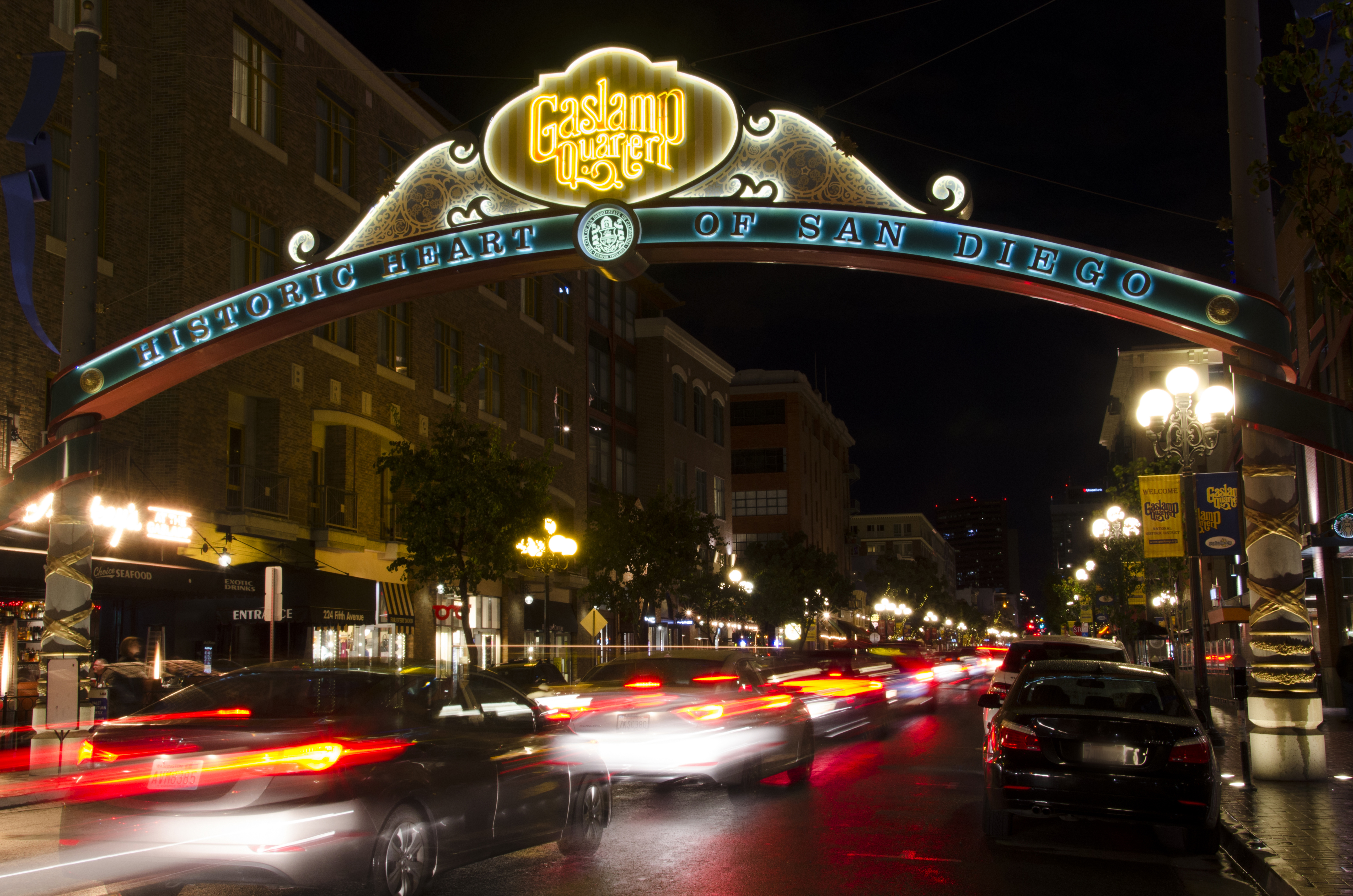 The sign welcoming you to the Gaslamp Quarter in downtown San Diego