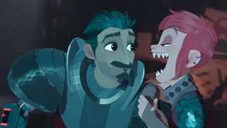 Nimona; a knight with a beard looks at a sharp-toothed girl