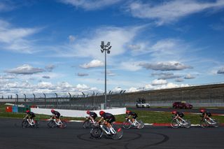 Tudor Pro Cycling Team's riders cycle during the 3rd stage of the Paris-Nice cycling race, a 28,4 km team time trial between Nevers Magny-Cours Circuit and Nevers, on March 11, 2025. (Photo by Anne-Christine POUJOULAT / AFP)