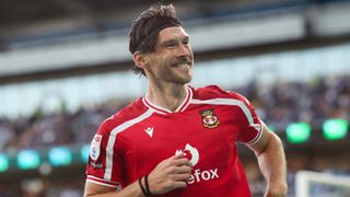 Kieffer Moore of Wrexham celebrates their first goal during the Sky Bet Championship 2026/27 match between Cardiff City and Wrexham at Cardiff City Stadium on August 17, 2026 in Cardiff, Wales