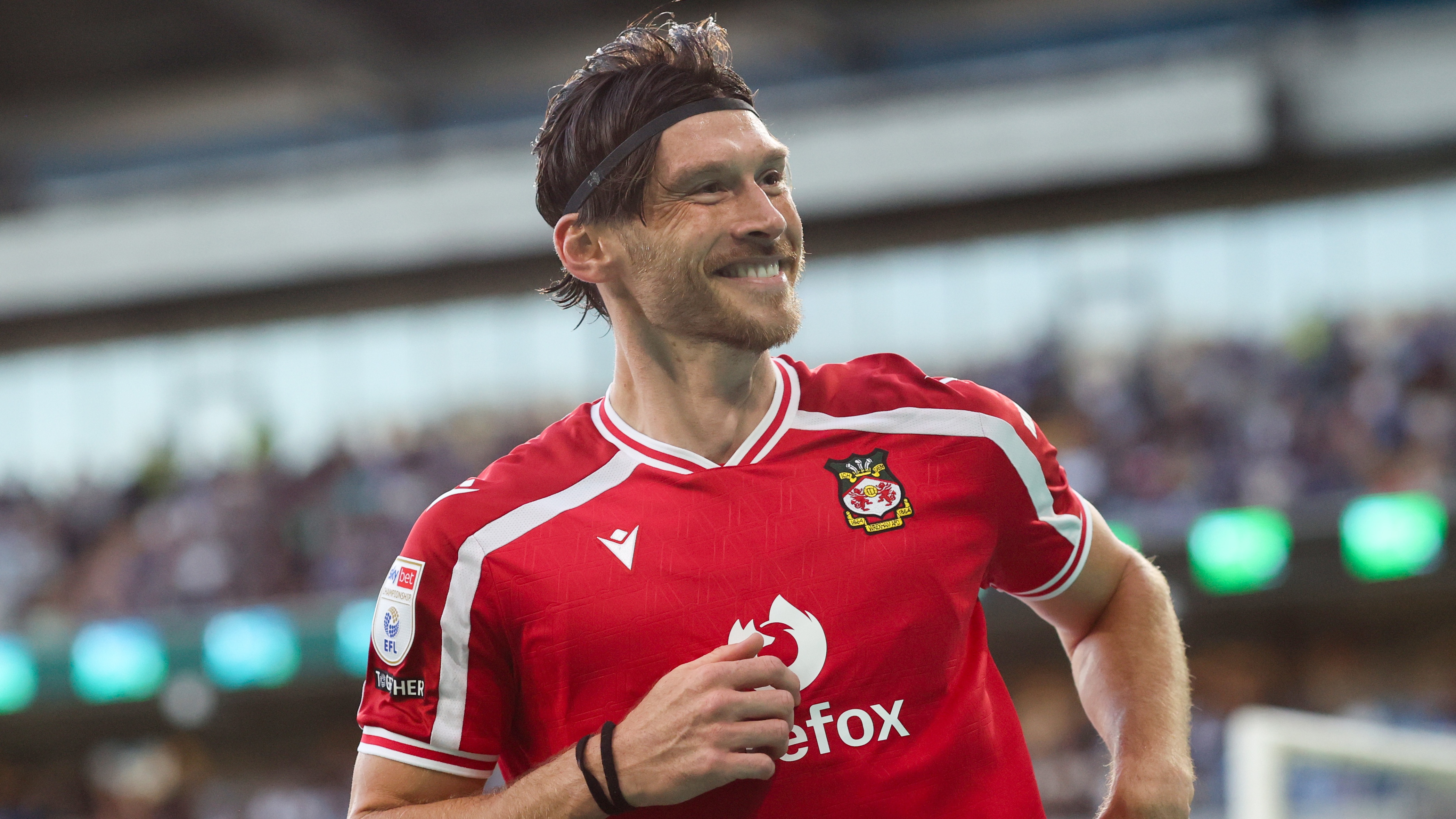Kieffer Moore of Wrexham celebrates their first goal during the Sky Bet Championship 2026/27 match between Cardiff City and Wrexham at Cardiff City Stadium on August 17, 2026 in Cardiff, Wales