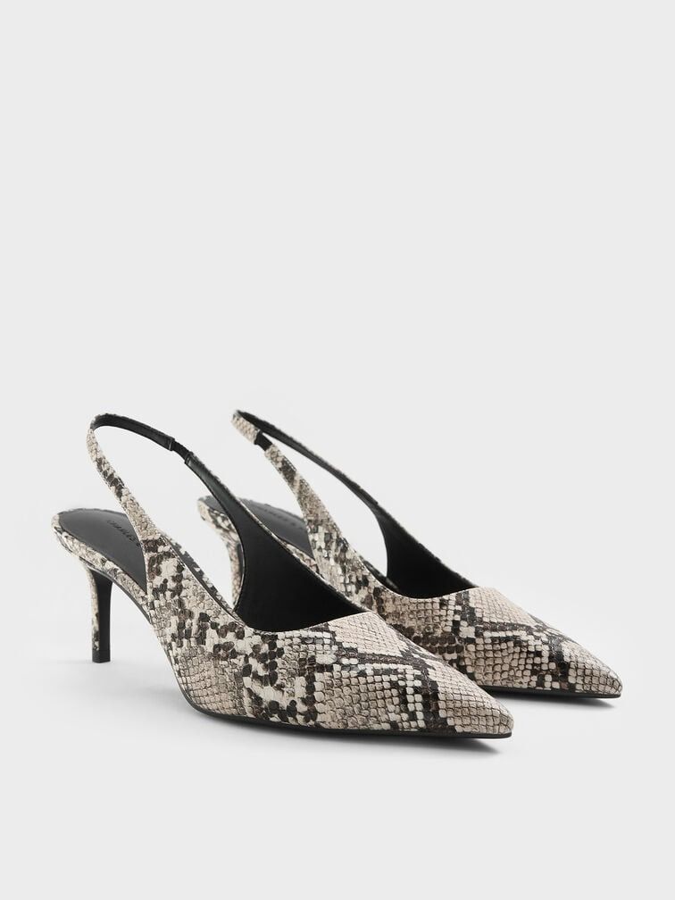 Charles & Keith, Kaia Snake-Print Pointed-Toe Slingback Pumps