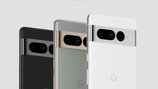 An official render of the Google Pixel 7 Pro, shown three times in black, white and green
