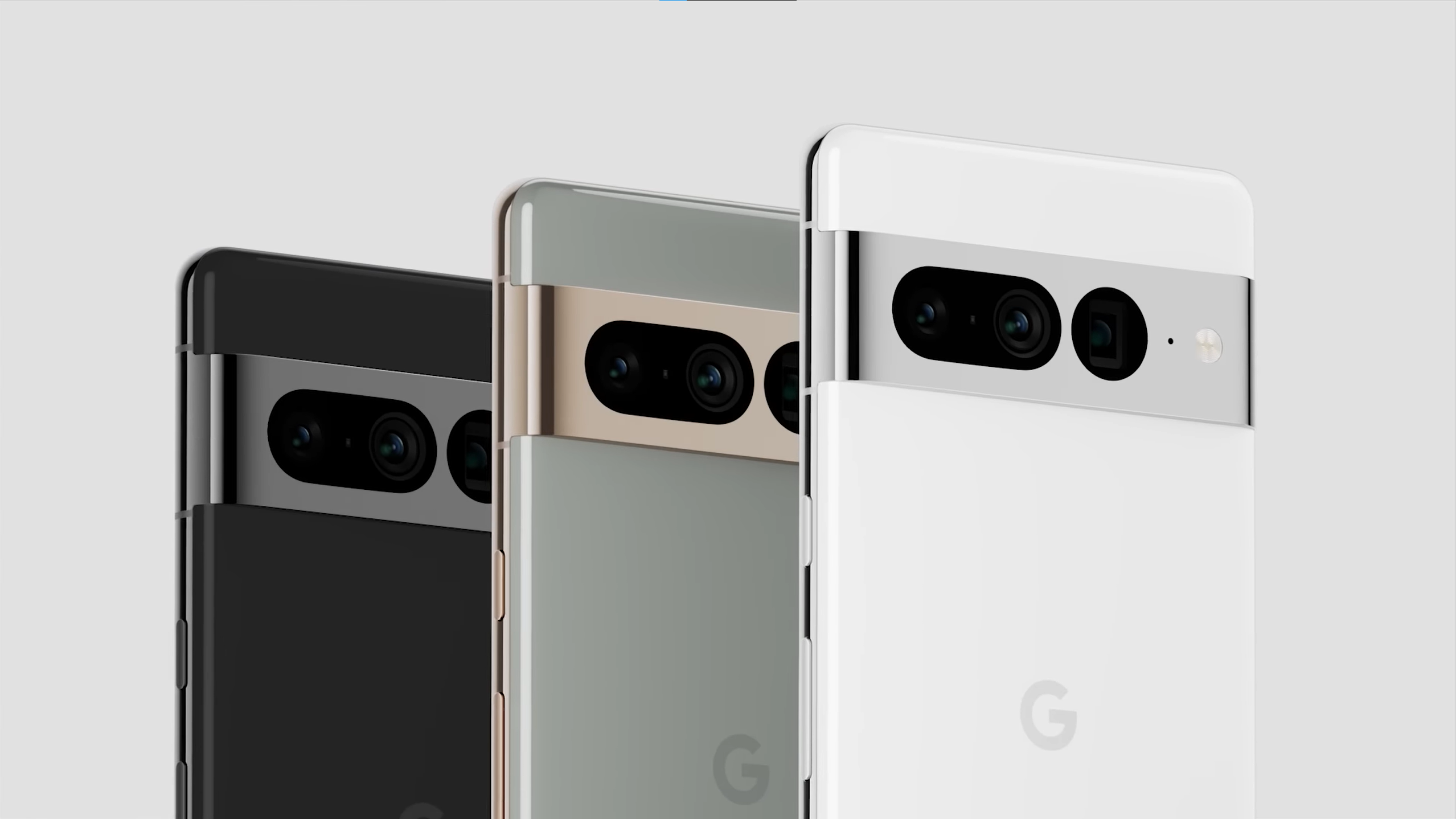 Google Pixel 7 Pro oficiālais renderējums, kas trīs reizes parādīts melnā, baltā un zaļā krāsā