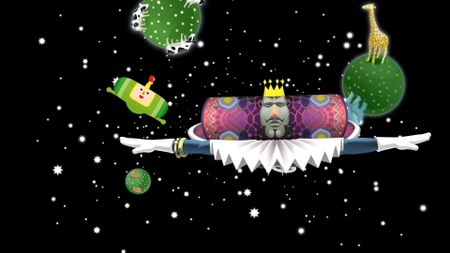 Katamari Damacy Reroll trailer screenshot shows the Prince and the King of all Cosmos flying through space.